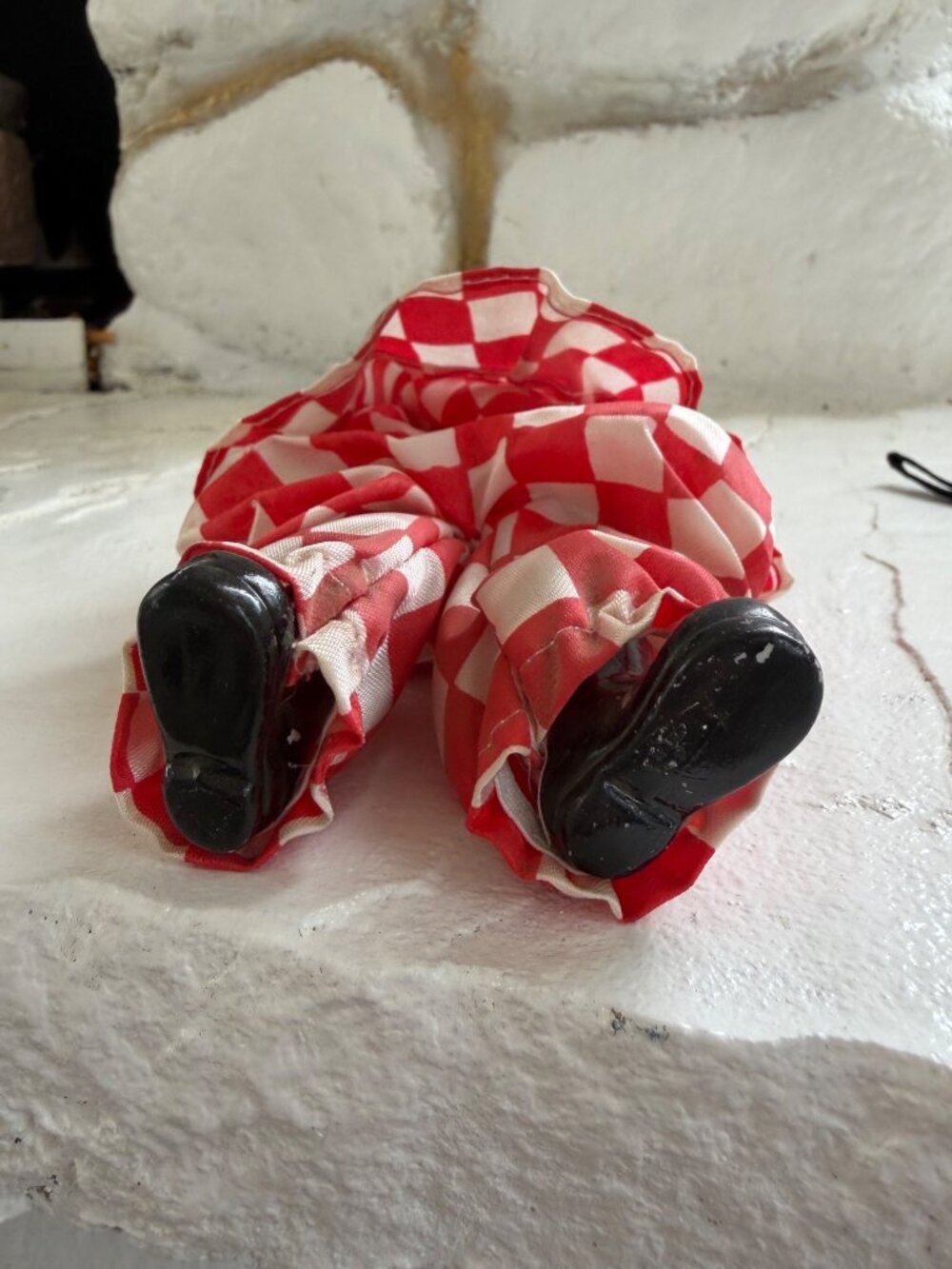 Vintage Red & White Harlequin Checkeredboard Clown Doll Yarn Hair Figurine - Picture 12 of 14